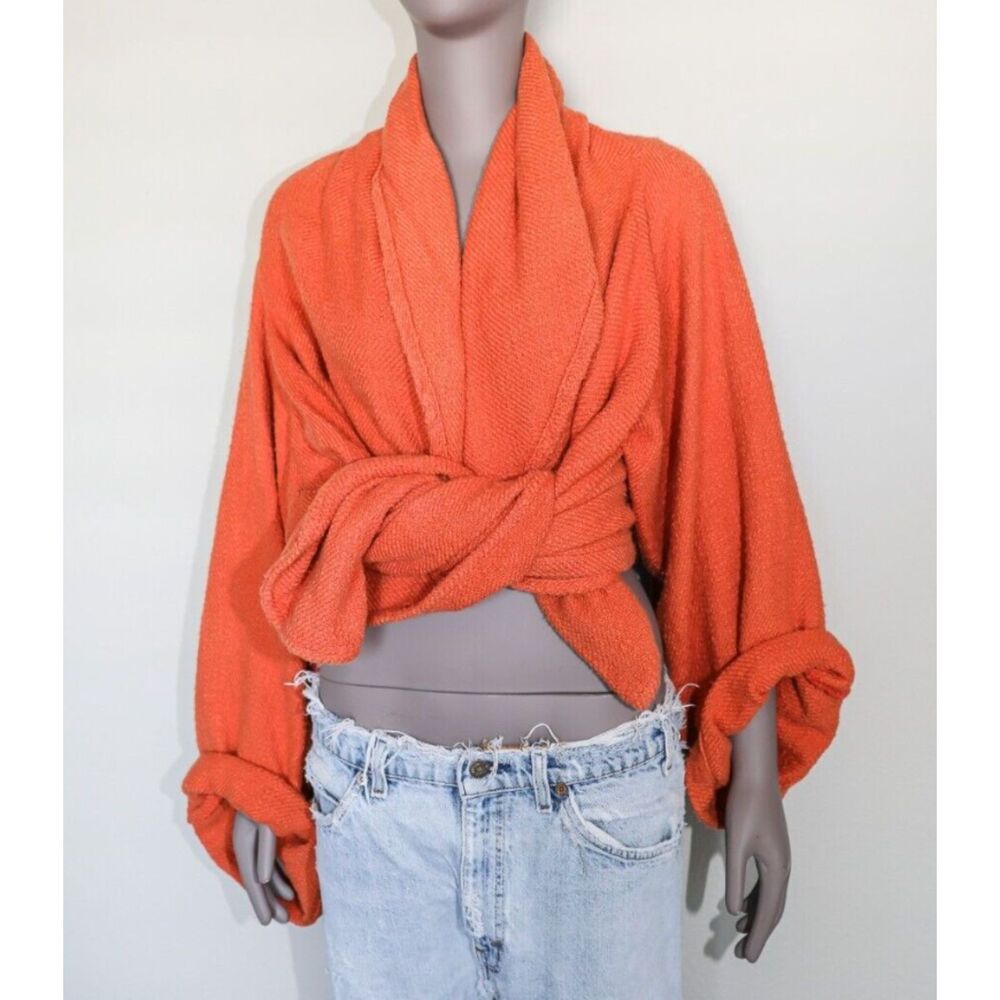 Orange Linen Wrap Duster Tie Front Shawl Collar Boho Kimono Womens